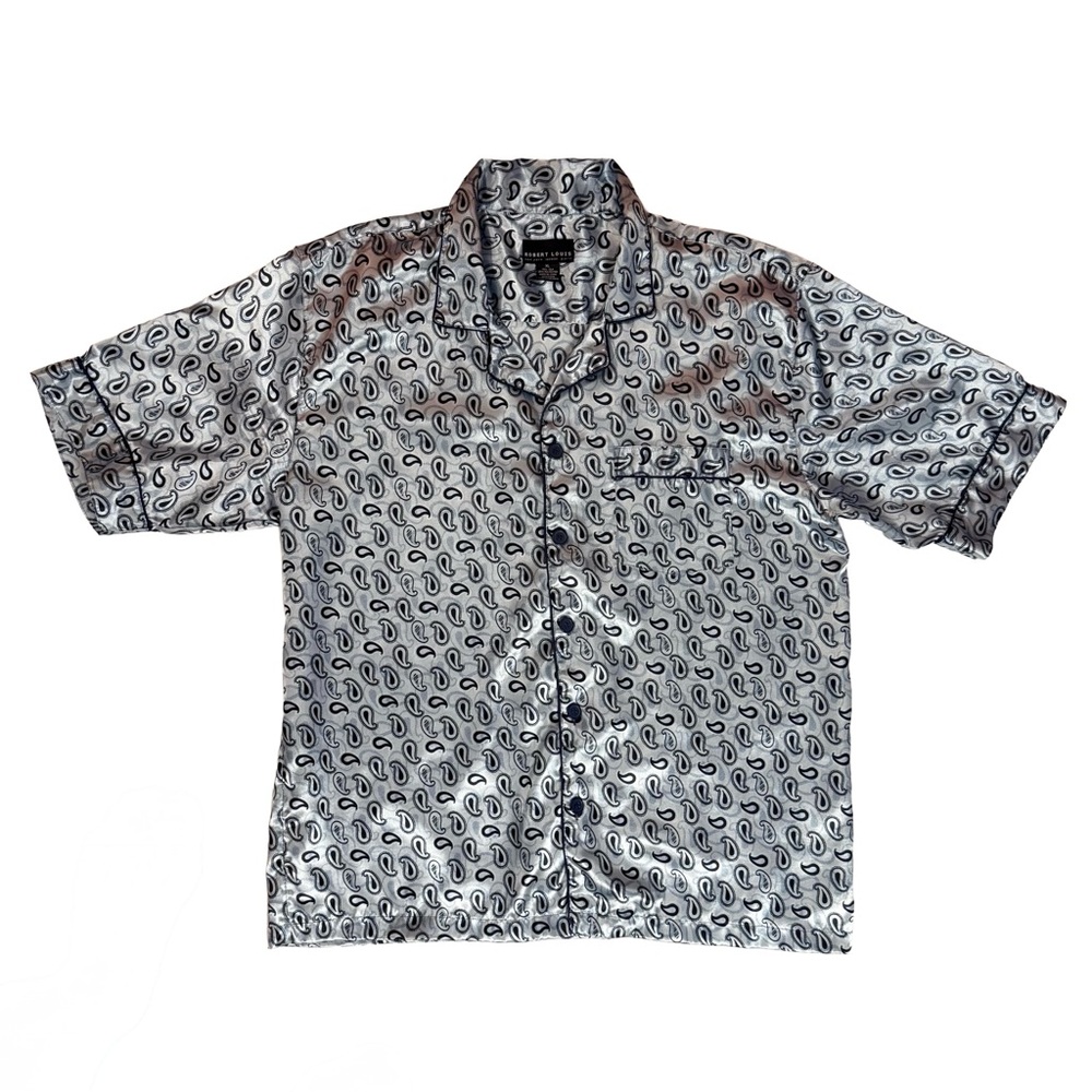 Robert Louis Silk Blend Paisley Pajama Shirt Men’s XL Silver Satin Sleep Top